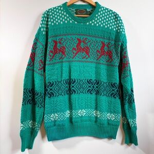 Vintage Men’s Holiday Sweater Size Medium Cotton Knit 80’s Teal & Red Reindeer